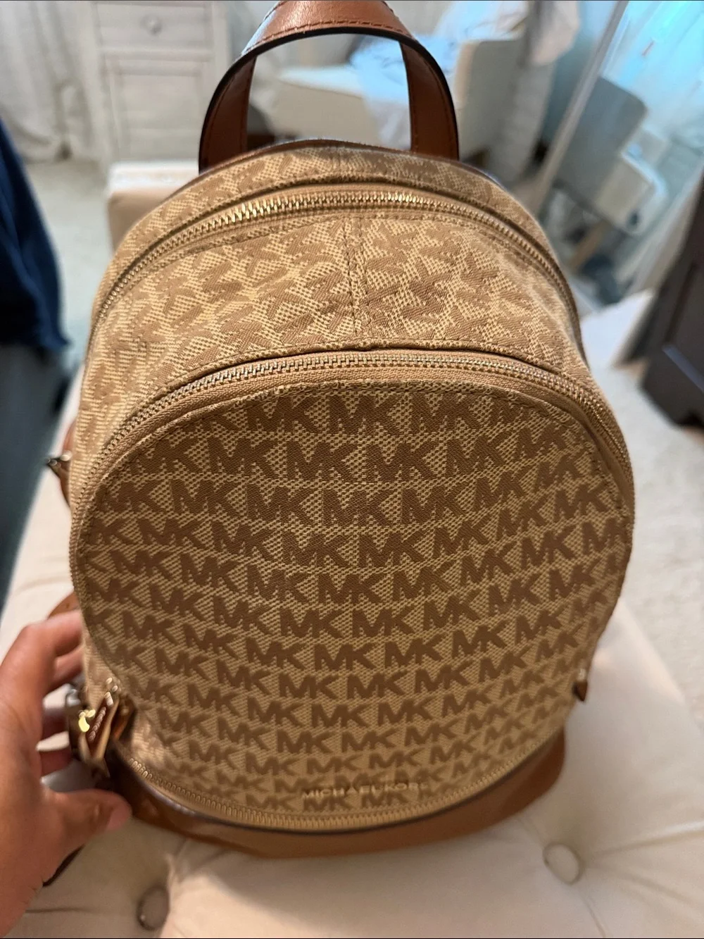 Michael Kors Tan and Beige MK Logo Backpack